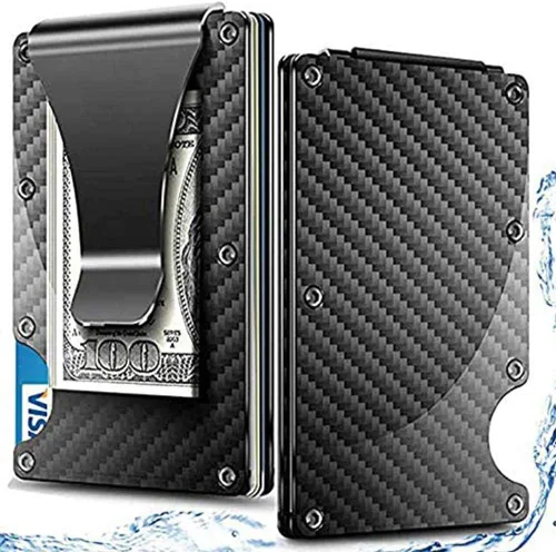 Fibra de carbono RFID bloqueo delgado dinero clip titular de la tarjeta de metal cartera de los hombres, Fibra de carbono negra con clip para Fibra
