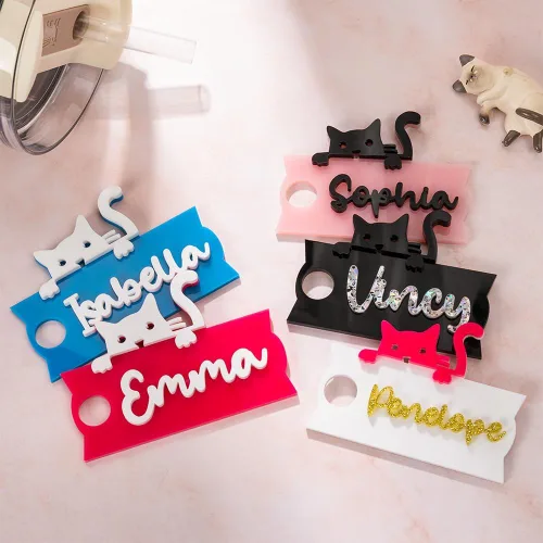 Miniatura 2 de callie Placa de nombre personalizada de gato para taza Stanley de 30 onzas, 40 onzas, etiqueta de nombre personalizada para tapa de vaso Stanley
