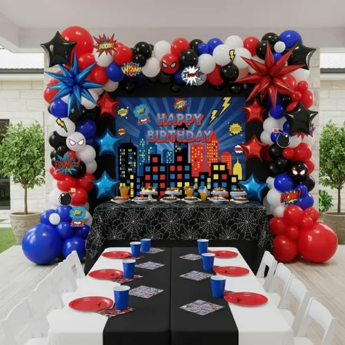 Miniatura 6 de Kit de arco de guirnalda de globos azul rojo negro blanco 140PCS con tarjetas de fondo adhesivas Globos de mylar grandes Starburst para fiesta
