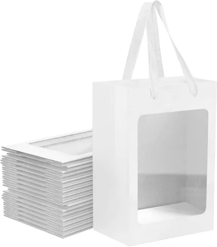 12 bolsas de regalo de papel kraft blanco con ventana transparente, 9.84"x7.0"x5.12" bolsas de compras kraft con asas para ramos, Navidad,