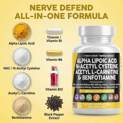 Miniatura 5 de Ácido alfa lipoico 600 mg N-acetil cisteína 600 mg acetil L-carnitina 500 mg Benfotiamina 300 mg - Suplemento de apoyo nervioso para mujeres