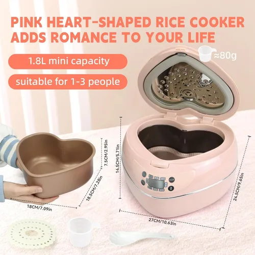 Miniatura 5 de Peach - Olla arrocera en forma de corazón para 8 tazas cocidas, 4 tazas de arroz crudo, multifuncional, 300 W, con temporizador preestablecido, 1.8