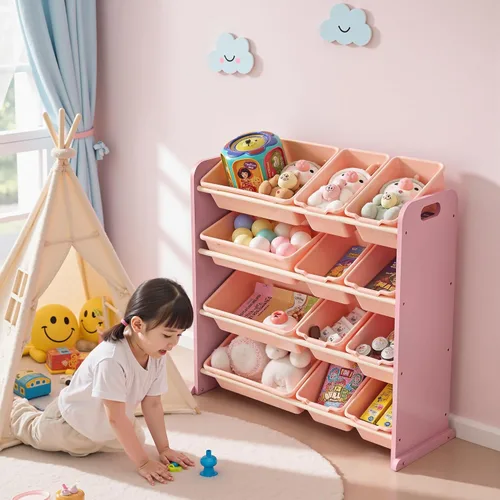 Miniatura 9 de VECELO Organizador de almacenamiento de juguetes para niños de gran capacidad con 12 contenedores - Estante de madera para juguetes para niños Rosa