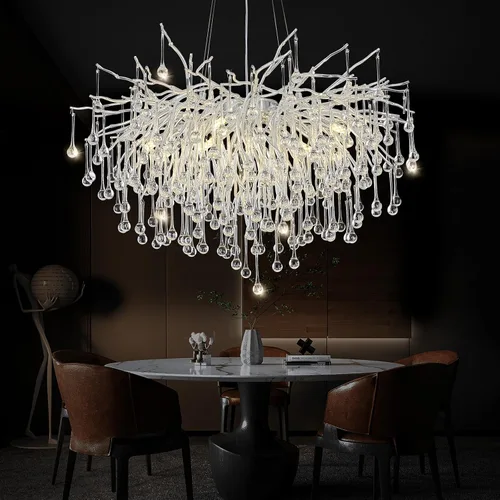Miniatura 11 de Candelabro de cristal negro de 23.6 pulgadas, moderno colgante de techo de flores, iluminación colgante de rama de árbol, gota de lluvia, lámpara