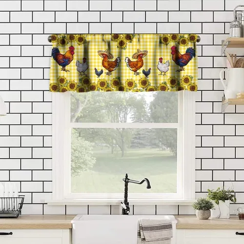 Miniatura 2 de Cenefa de ventana de gallo de Western Farm, pollo, girasol, retro, con estampado de cuadrícula de búfalo amarillo, bolsillo para barra, tratamientos