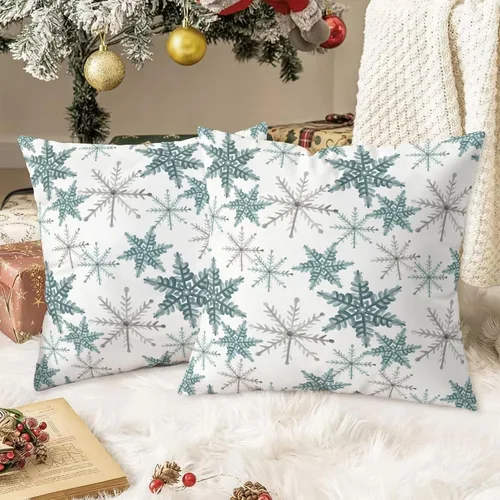 Miniatura 3 de CaliTime Fundas de Cojín Decorativo de Navidad 16 X 16 Pulgadas Paquete de 2 Acogedoras Fundas de Cojín de Vellón con Copos de Nieve para Sofá