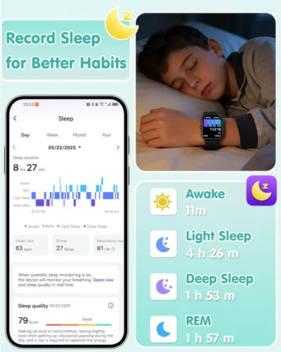Miniatura 4 de Reloj inteligente para niños, reloj para niños sin necesidad de teléfono con monitor de frecuencia cardíaca y sueño, monitor de estrés y SpO2
