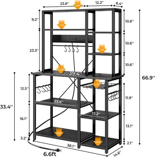 Miniatura 3 de SUPERJARE Estante grande de panadería con tomas de corriente, soporte para microondas de 6 niveles, barra de café con 12 ganchos en forma de S
