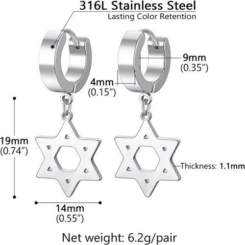 Miniatura 5 de Star of David Earrings for Men Women, Punk Jewelry, BlackGold Plated Stainless Steel, Hypoallergenic for Sensitive Ears, Come Gift Box