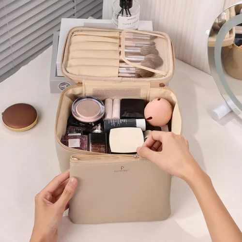 Miniatura 4 de Pocmimut Bolsa de maquillaje, bolsa de cosméticos grande 2 en 1 con soporte para cepillos, bolsa de aseo de viaje y organizador de tocador