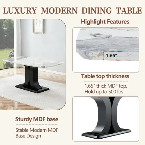 Miniatura 4 de Juego de mesa de comedor moderno para 6, juego de mesa de cocina y sillas de mármol para 6, mesa de cocina rectangular con 6 sillas tapizadas