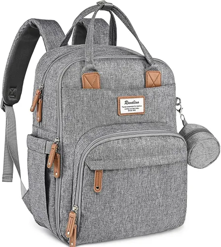 Miniatura 14 de RUVALINO Mochila para pañales, mochila de viaje multifunción, bolsa de maternidad para bebé, gran capacidad, impermeable y elegante, gris hierro