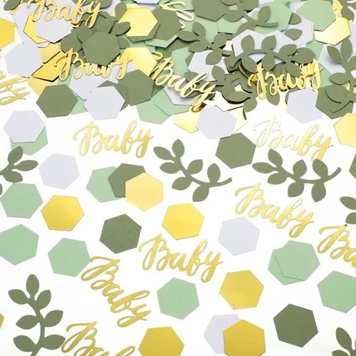Miniatura 9 de 220 piezas de decoración de mesa de confeti para baby shower con eucalipto verde salvia dorado papel neutro de confeti disperso forma hexagonal