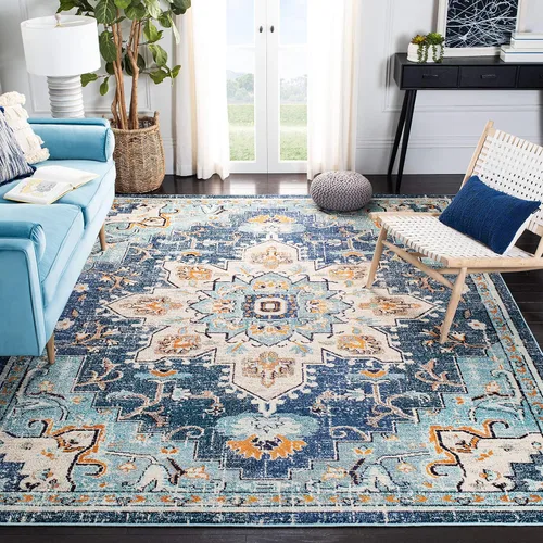 Miniatura 39 de Safavieh Madison Collection (MAD473M) Tapete redondo de 4 pies, azul y azul claro, diseño chic y bohemio desgastado de medallón, no pierde fibras