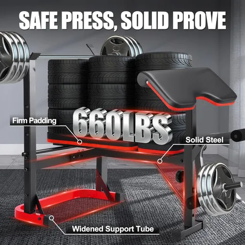Miniatura 7 de OPPSDECOR Foldable Weight Bench Set with Preacher Curl Pad and Squat Rack, 660LBS Adjustable Bench Press with Leg Extension and Leg Curl, Incline