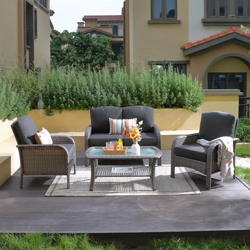 Miniatura 13 de CAODOC Juego de muebles de mimbre para patio, 4 piezas, para todo tipo de clima, sofá biplaza y mesa para patio trasero, balcón y terraza