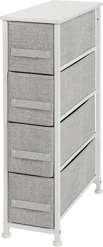 Flash Furniture Harris - Cómoda de 4 cajones con marco de hierro fundido blanco con parte superior de madera delgada con cajones de tela gris claro