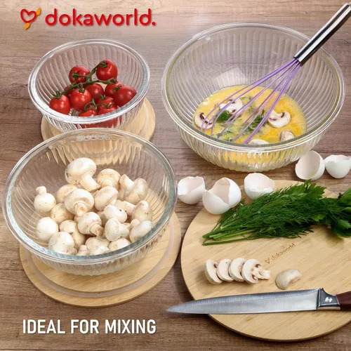 Miniatura 8 de Juego apilable de ahorro de espacio de 3 cuencos de vidrio con tapas de bambú para preparación de alimentos, almacenamiento, mezcla y cocina - Apto