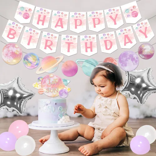 Miniatura 4 de Decoraciones de cumpleaños de primer viaje alrededor del sol, pancarta rosa para silla alta y decoración de pasteles, guirnalda de feliz cumpleaños