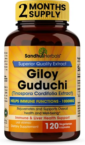 SANDHUHERBALS Giloy orgánico (Guduchi) Polvo Herbal 120 cápsulas vegetarianas para hombres y mujeres | Suplemento herbario natural para apoyo