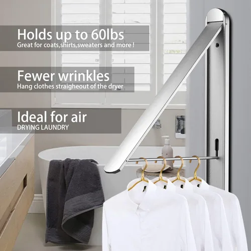 Miniatura 2 de Tendedero de ropa para lavanderías pequeñas, tendedero plegable para interiores, para colgar en la pared, plegable, (aluminio, plateado)
