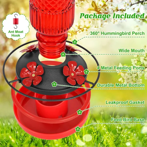 Miniatura 3 de FEED GARDEN Comedero de vidrio para colibríes para colgar al aire libre, comedero de colibríes de 16 onzas con 4 puertos de alimentación con Rojo