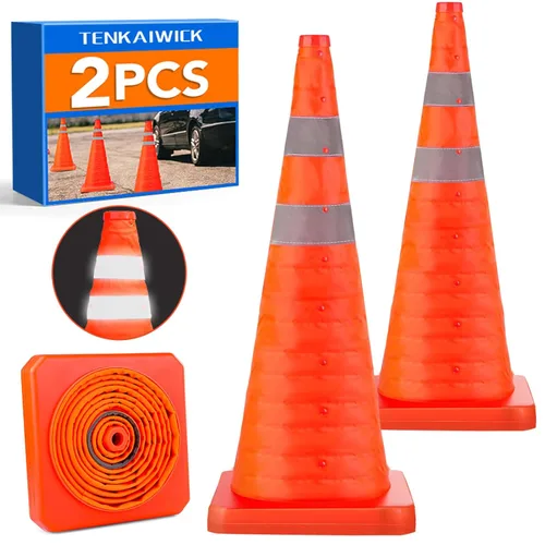 Paquete de 2 conos de seguridad plegables de tráfico de 28 pulgadas, conos de estacionamiento con collares reflectantes, conos de seguridad naranjas