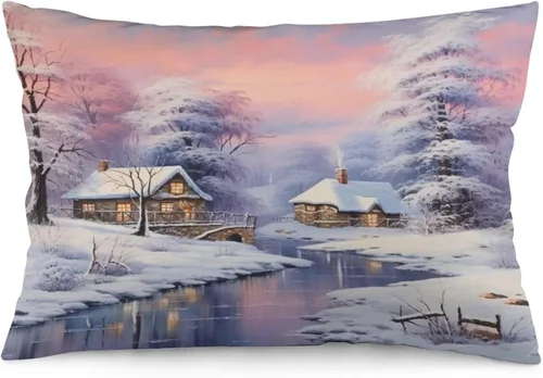 Miniatura 33 de Funda de almohada con escena de pueblo navideño con niños, fundas de almohada de 12 x 20 pulgadas, almohadas decorativas de Navidad para sofá, funda