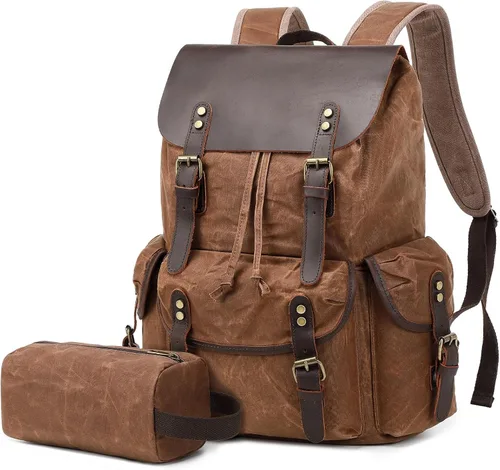 Miniatura 12 de Wogarl Mochila de lona de cuero vintage, Verde militar, Mediana, Ocio