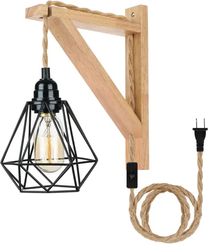 Miniatura 12 de Frideko - Juego de dos apliques de pared de madera enchufables, lámpara de pared rústica con cable de enchufe, accesorios de luz de pared