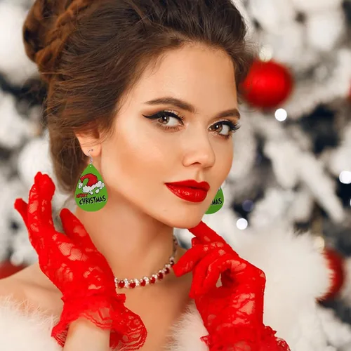 Miniatura 5 de Juego de 12 aretes de piel sintética de Feliz Navidad, aretes colgantes de lágrima de Navidad, joyería de moda a rayas negras y verdes, divertido