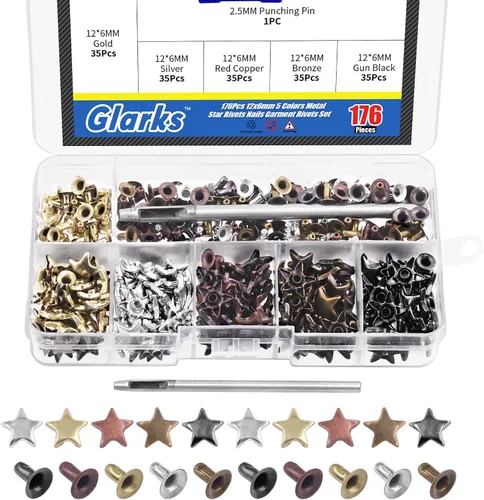 Glarks Juego de 176 remaches de estrella de metal de 0.472 x 0.236 in, 5 colores para uñas, remaches de cuero, tachuelas y pinchos Rock Biker Punk,