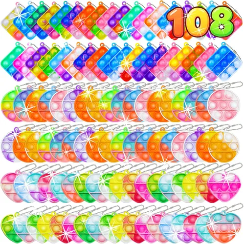 108 piezas de mini llavero de juguete para la ansiedad, 3 formas Pop Fidgets Pop Fidgets regalos de fiesta paquetes de juguetes sensoriales para el