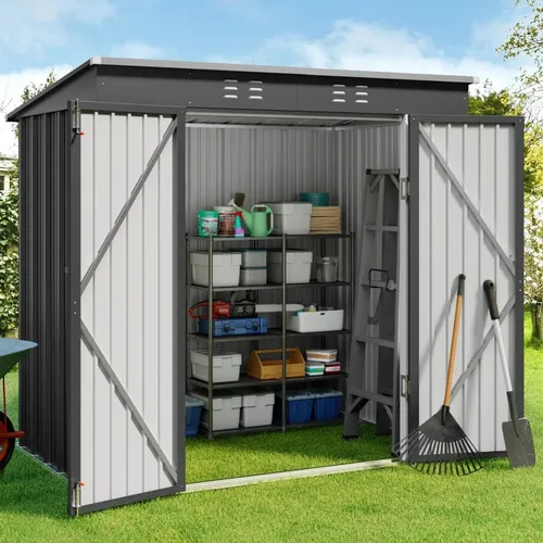 Miniatura 14 de Gizoon Cobertizo de almacenamiento para exteriores de 8 x 6 pies, cobertizo de jardín de metal galvanizado con puertas dobles con cerradura, Marrón