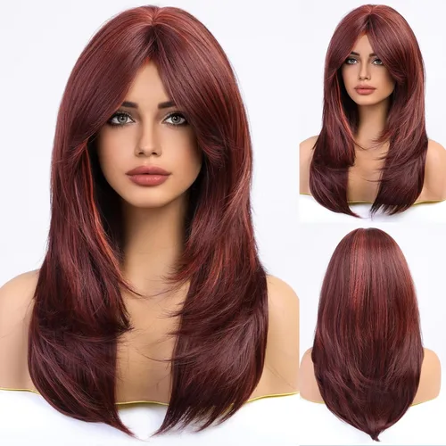 Miniatura 20 de HAIRCUBE Pelucas Auburn para Mujeres, Pelucas Largas en Capas Naranjas con Flequillo, Pelucas de Fibra Sintética Resistentes al Calor
