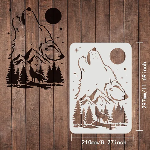 Miniatura 2 de FINGERINSPIRE Plantillas de decoración de lobo, plantillas de plástico de 11.7 x 8.3 pulgadas para dibujar con luna y montaña, tamaño A4
