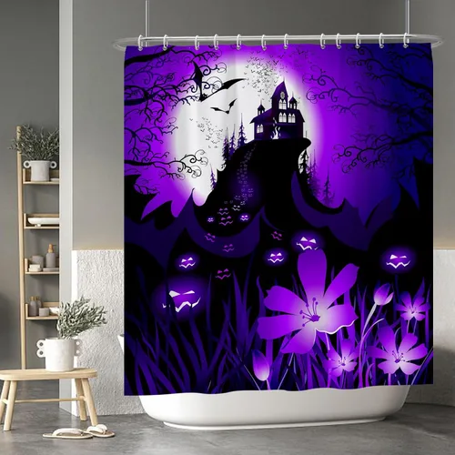 Miniatura 102 de Cortina de ducha de fantasma y gato negro para niños, 36 x 72 pulgadas, espeluznante y bonita, cortina de baño de Halloween con 6 ganchos, cortina