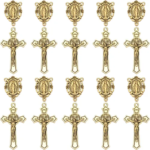 Miniatura 7 de Juego de 20 piezas de conectores centrales de rosario religioso y crucifijo, medalla de tono dorado y dijes de cruz, medalla de 1.26 pulgadas, cruz