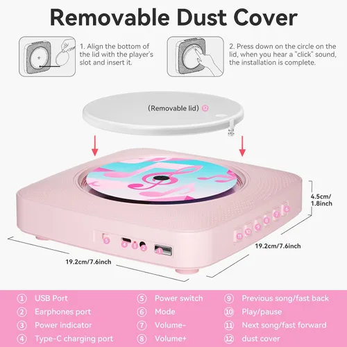 Miniatura 7 de Reproductor de CD portátil Bluetooth recargable: reproductores de CD para el hogar Kegaudio 1800mAh reproductor de CD de pared de escritorio con Rosa