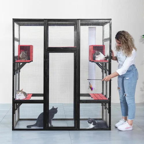 Miniatura 7 de Nyeekoy Refugio de gato al aire libre de madera grande de 71 pulgadas con perchas y condominios, casa para gatos con techo impermeable, refugio