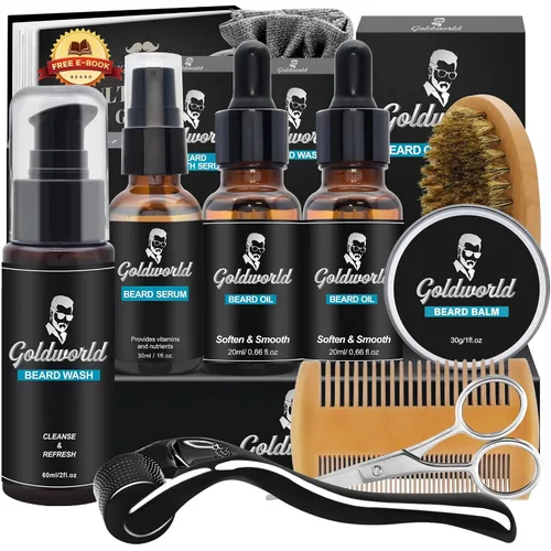 Kit de barba, kit de aseo de barba con lavado/champú, 2 paquetes de aceite de barba, bálsamo de barba, lavado de barba, cepillo, peine, tijera,