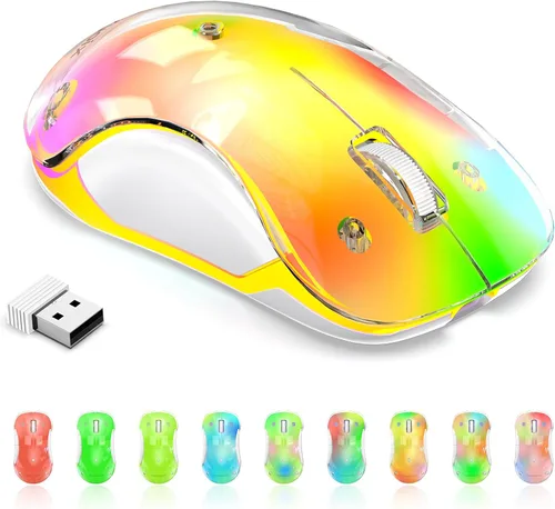 Miniatura 10 de memzuoix Mouse inalámbrico de 2.4G con cubierta personalizable y LED de 9 colores, ergonómico recargable, 1400 DPI, 5 botones, receptor USB para Azul