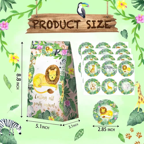 Miniatura 2 de Bolsas de Recuerdos de Fiesta Safari Acuarela - 24 Piezas Bolsas de Dulces de Fiesta de la Selva con Calcomanías - Bolsas de Regalo de Golosinas
