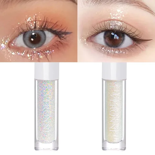Miniatura 7 de Juego de maquillaje de lentejuelas líquidas en gel holográfico y delineador de ojos plateado, 2 piezas, resaltador líquido brillante, resistente al
