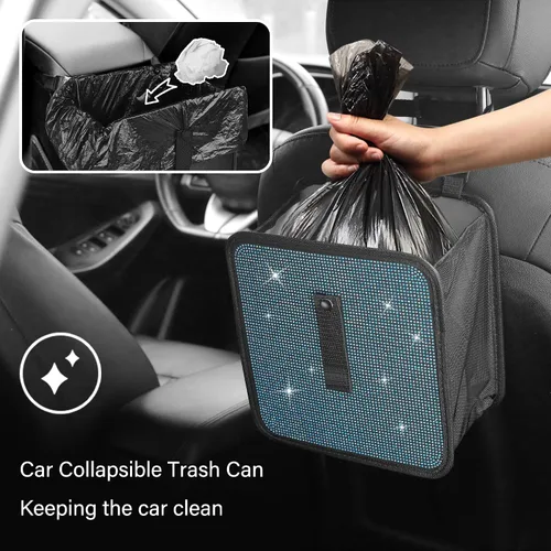 Miniatura 6 de Botes de basura plegables con diamantes de imitación, contenedor de automóvil brillante para organizador y decoración de asientos, accesorios