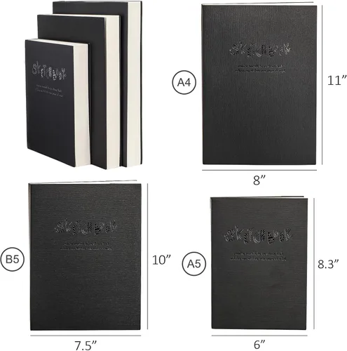 Miniatura 2 de Elsjoy Cuaderno de bocetos negro grueso, 3 tamaños, A5/A4/B5, cuaderno de dibujo en blanco para pintura, acuarela, 128 hojas/256 páginas por libro