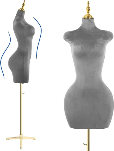 Soporte de trípode de maniquí femenino de terciopelo gris,Maniqui ajustable en altura para cuerda,Maniquí de forma de vestido y exhibición de