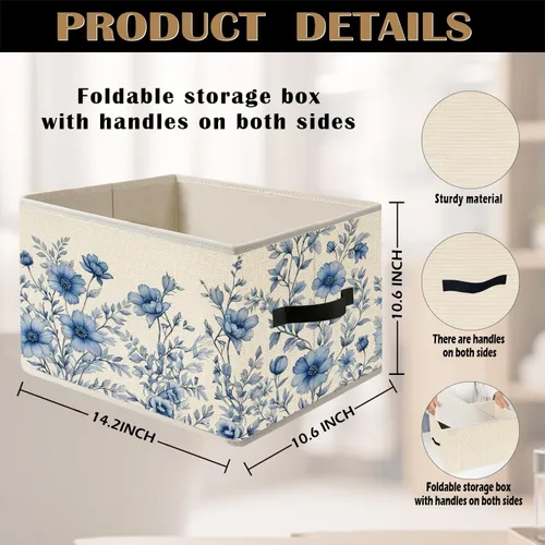 Miniatura 7 de Caja de Almacenamiento Floral Rústica Azul y Blanca con Asas, Canasta Organizadora Plegable Botánica de Flores Grandmillennial Caja de Juguetes