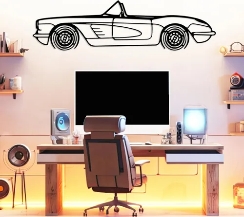 DecoSoul Corvette C1 1960 - Arte de pared de metal para automóvil, automóvil deportivo, decoración de línea de silueta automotriz, escultura