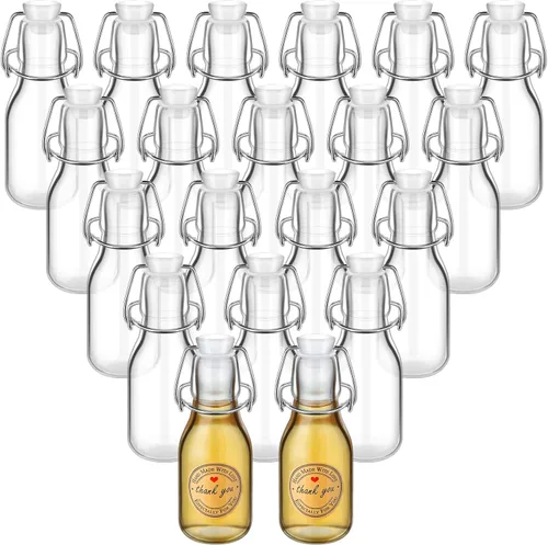 Queekay Paquete de 20 mini botellas de vidrio con tapas abatibles y calcomanías, tarros herméticos para extracto de vainilla, recuerdos de fiesta,
